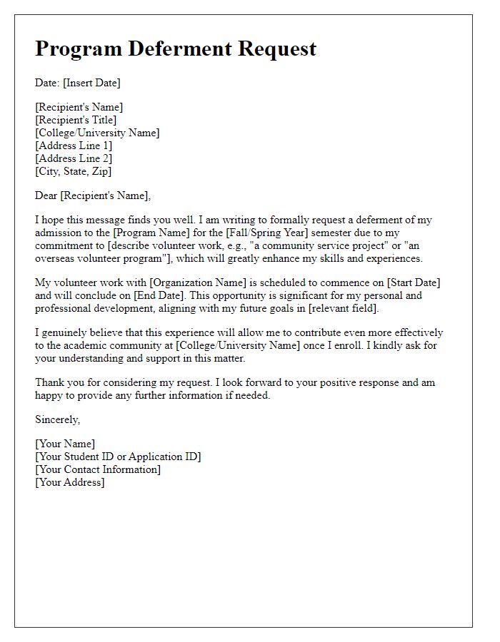 Letter template of college program deferment request for volunteer commitments