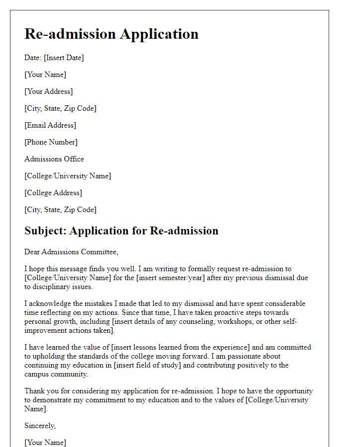 Letter template of college re-admission application for disciplinary issues.