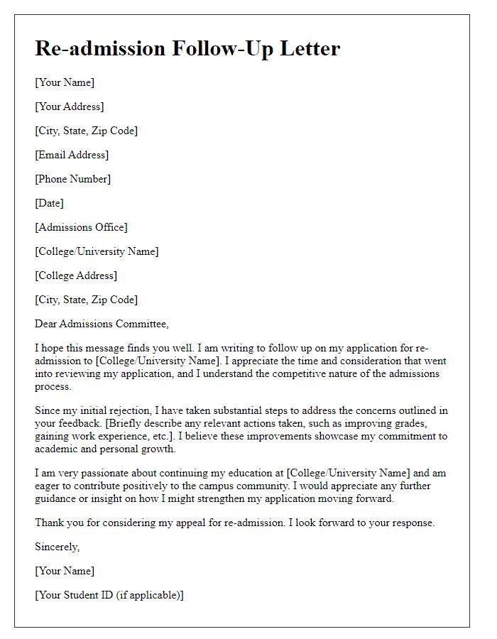 Letter template of college re-admission follow-up after initial rejection.