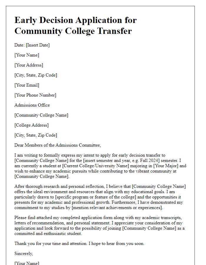 Letter template of early decision application for a community college transfer