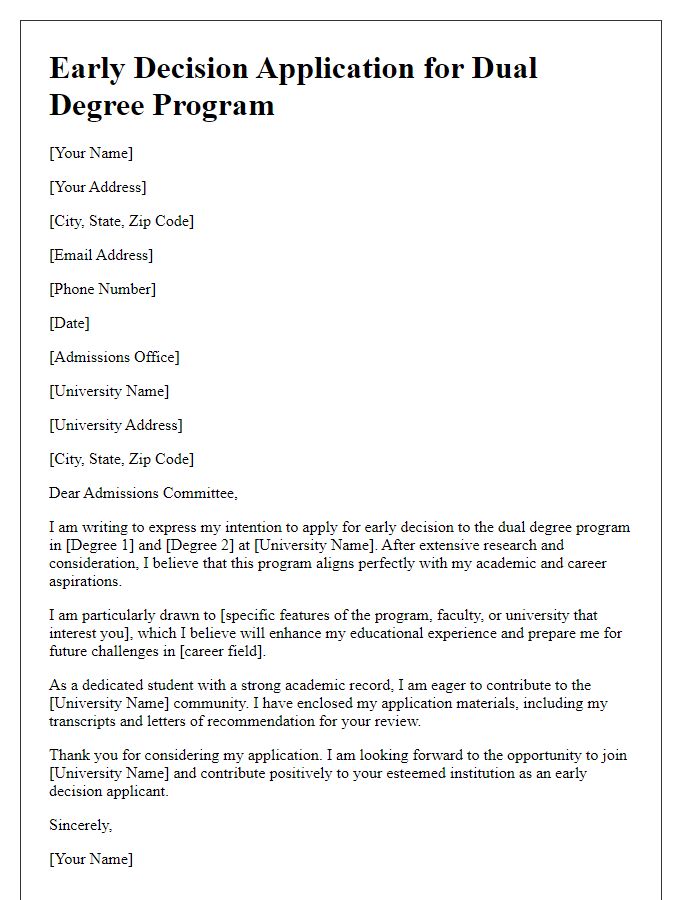 Letter template of early decision application for a dual degree program