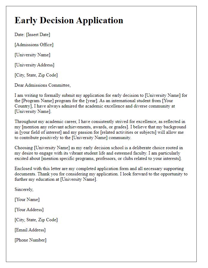 Letter template of early decision application for international students