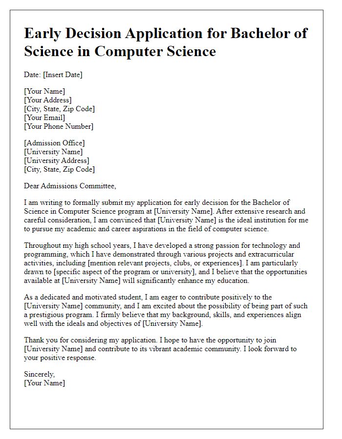 Letter template of early decision application for a specific major