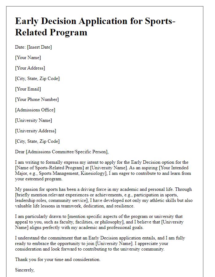 Letter template of early decision application for a sports-related program