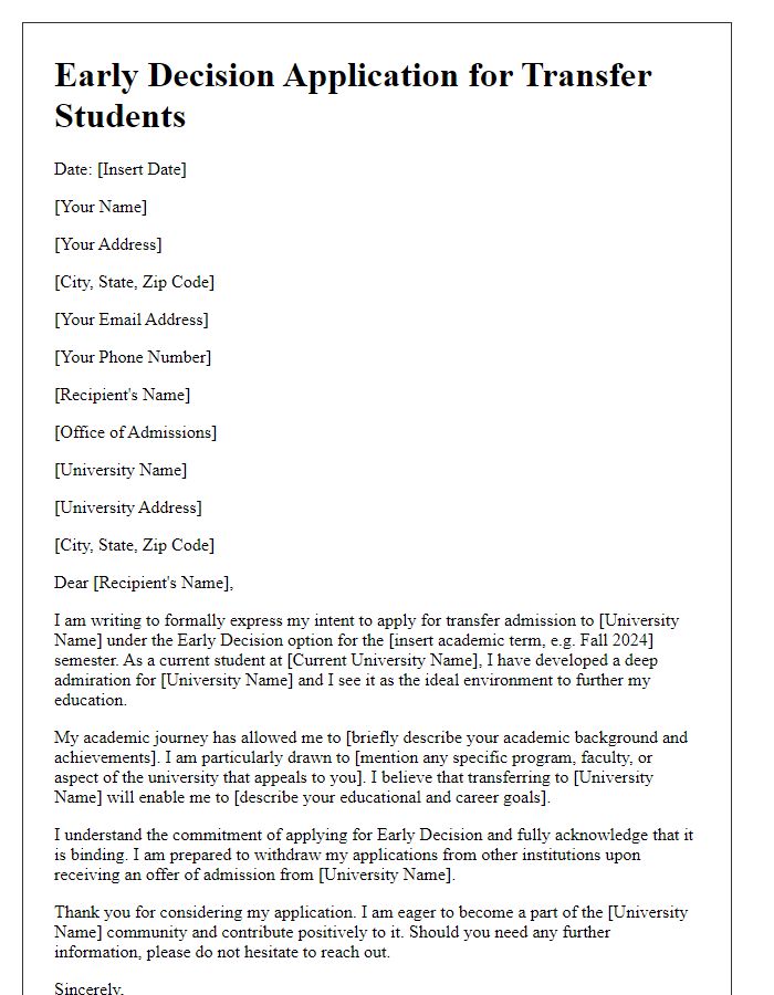 Letter template of early decision application for transfer students