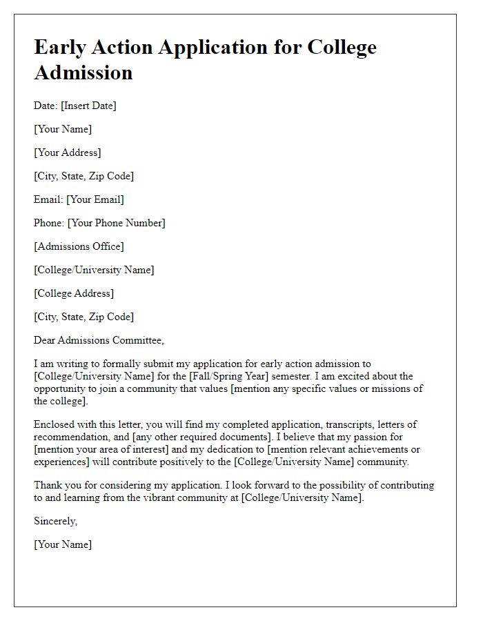 Letter template of early action application for college admission