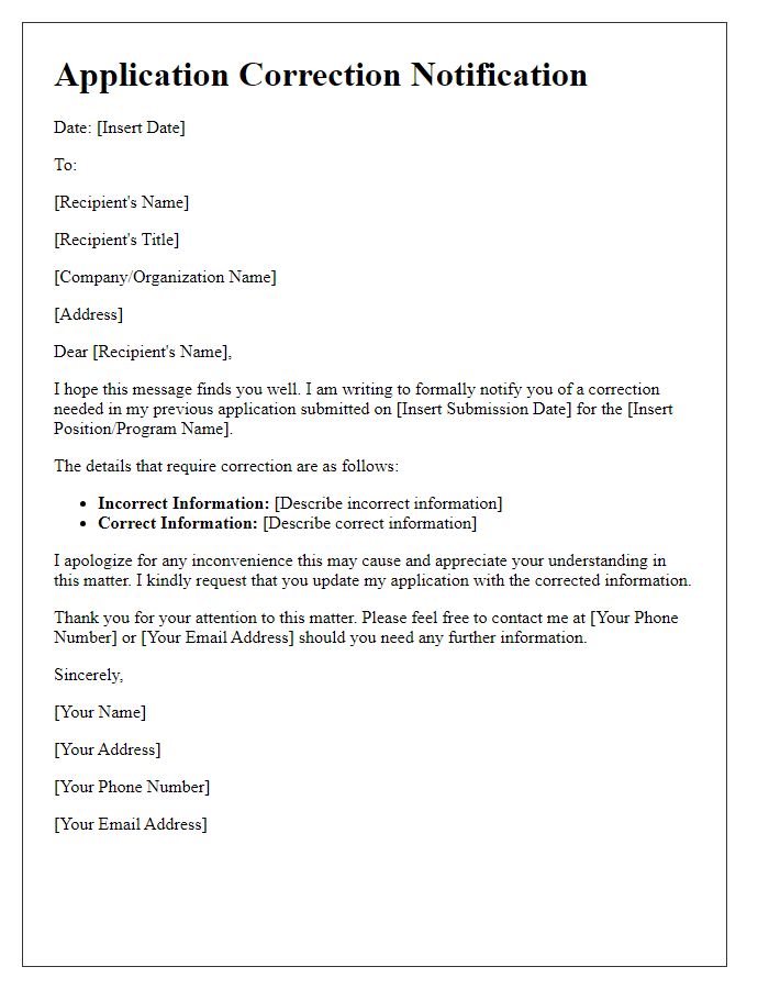 Letter template of application correction notification.