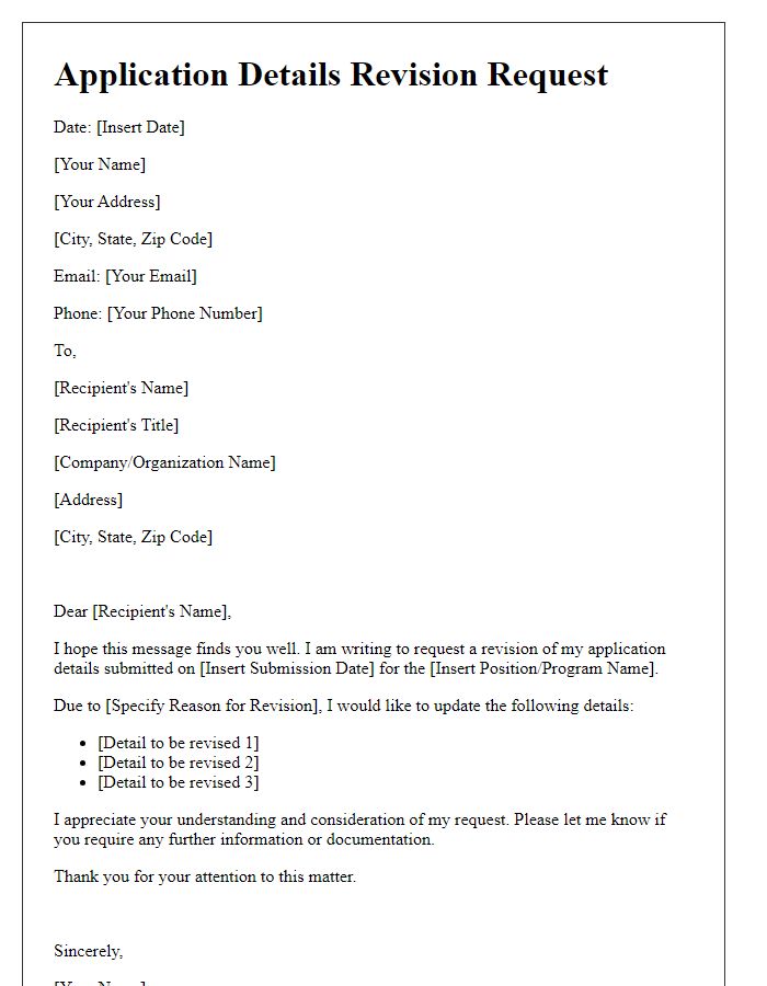Letter template of application details revision.