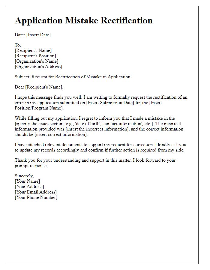 Letter template of application mistake rectification.