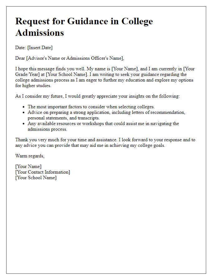 Letter template of Request for Guidance in College Admissions