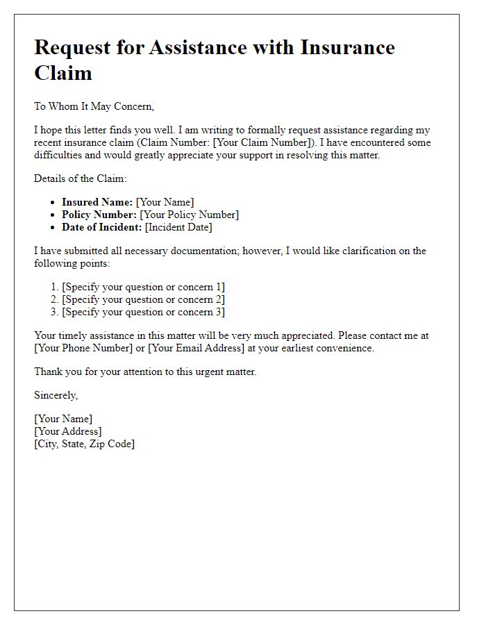 Letter template of assistance needed for insurance claim