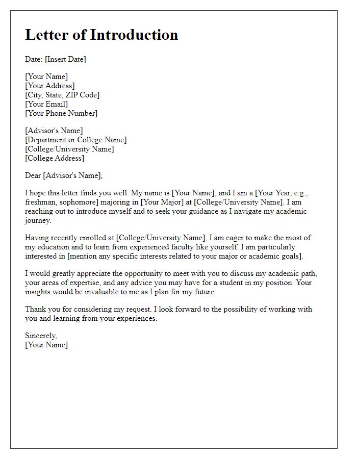 Letter template of formal introduction to college advisor