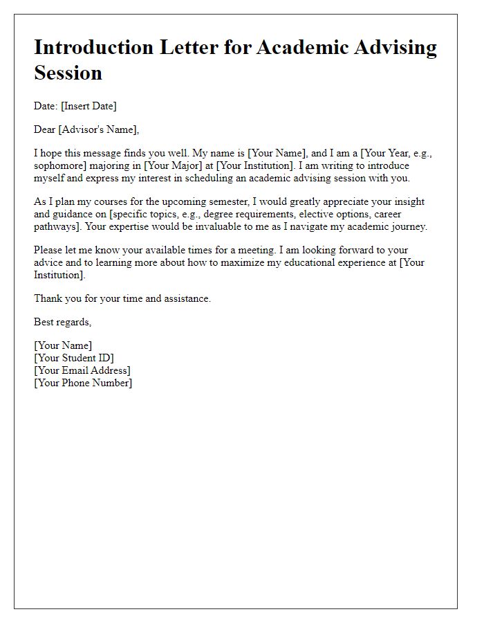 Letter template of introduction for academic advising session