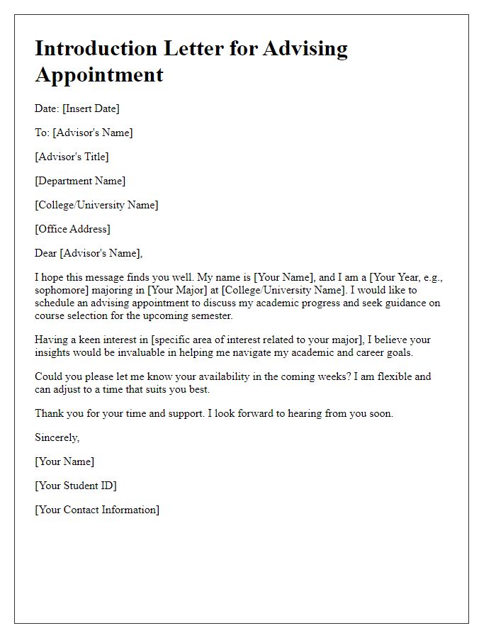 Letter template of introduction for advising appointment with college advisor