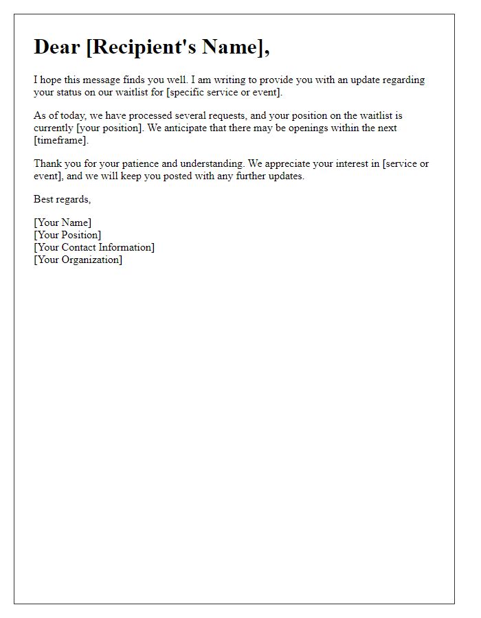 Letter template of check-in regarding waitlist updates.