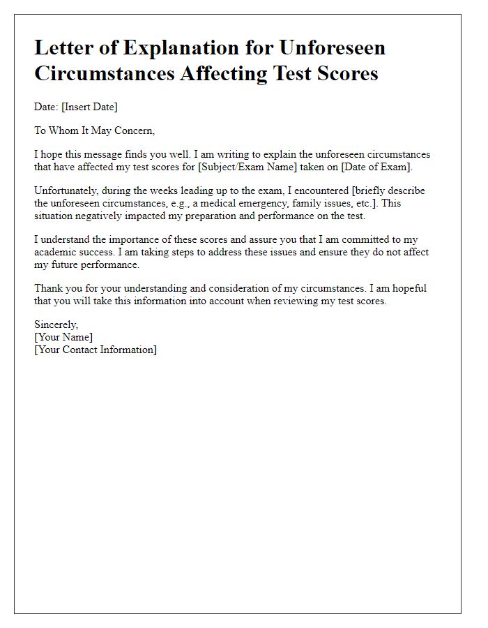 Letter template of explanation for unforeseen circumstances affecting test scores