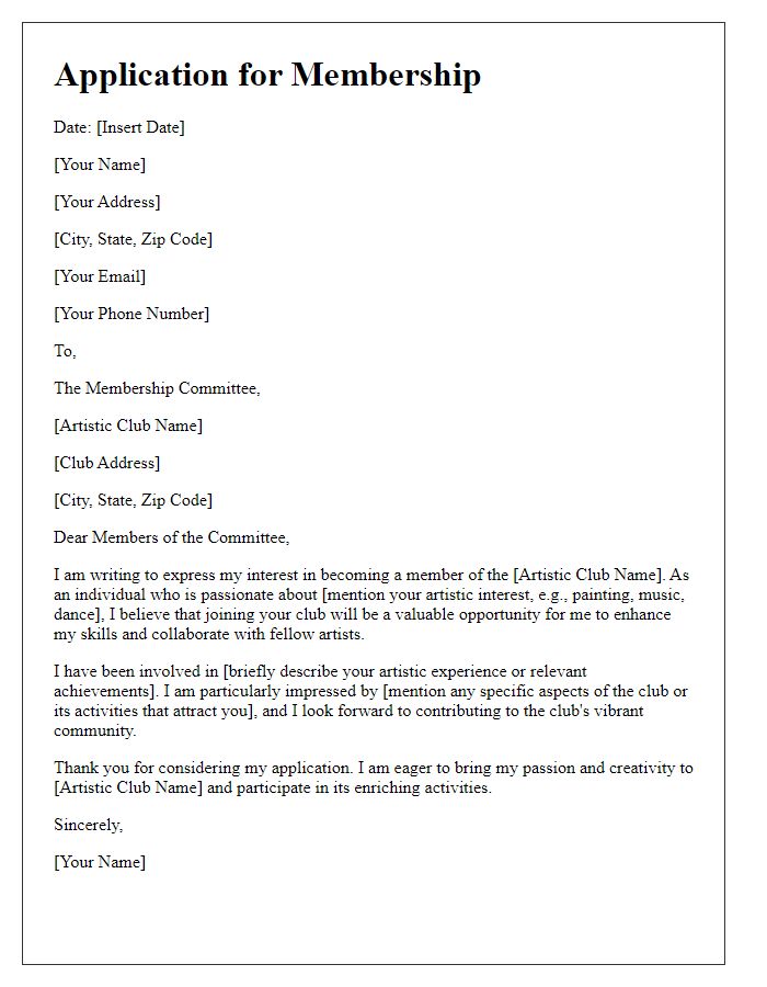 Letter template of application for artistic club membership