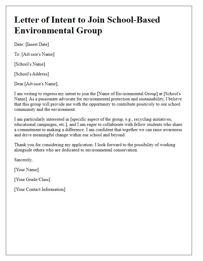 Letter template of intent to join a school-based environmental group