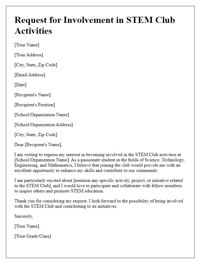 Letter template of request for involvement in STEM club activities