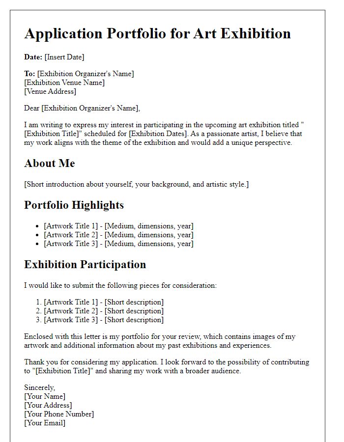 Letter template of application portfolio for art exhibition