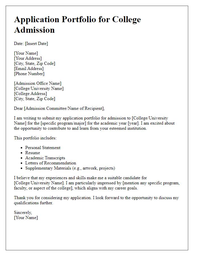 Letter template of application portfolio for college admission