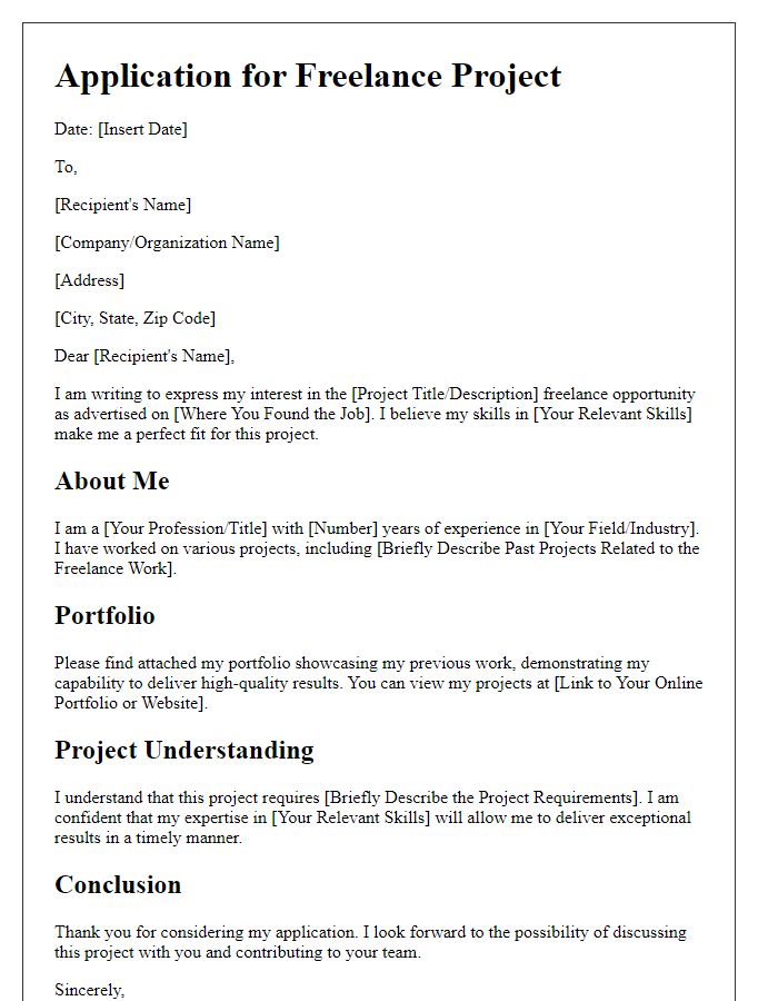 Letter template of application portfolio for freelance project