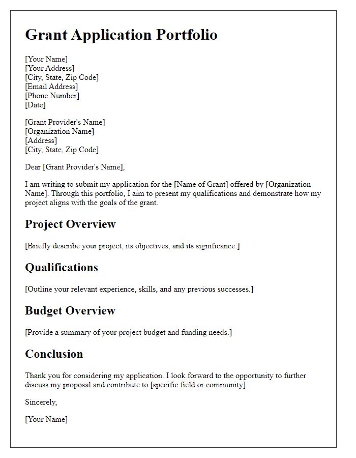 Letter template of application portfolio for grant application