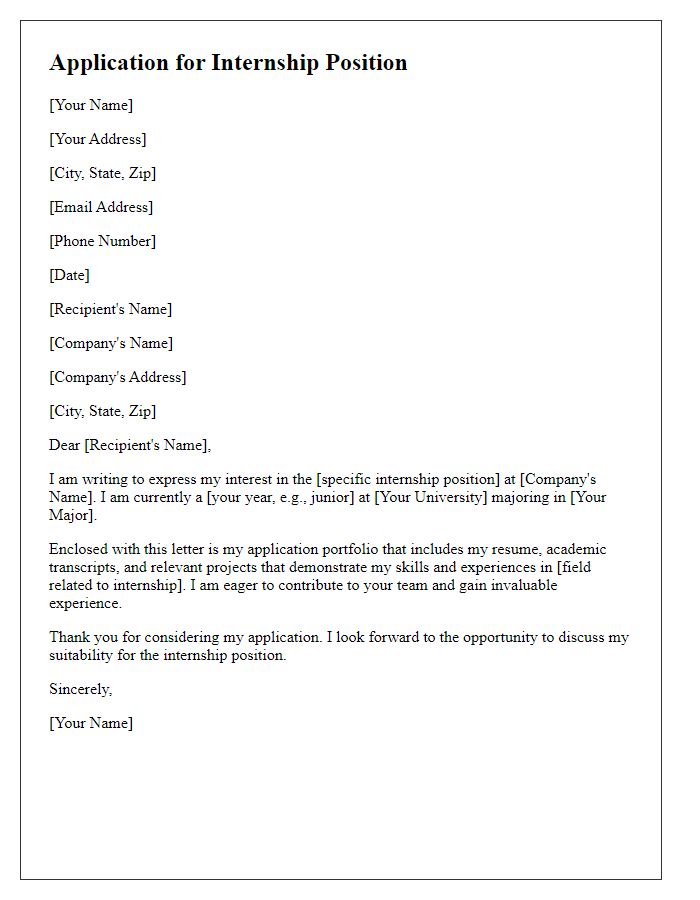 Letter template of application portfolio for internship submission