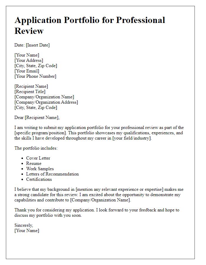 Letter template of application portfolio for professional review