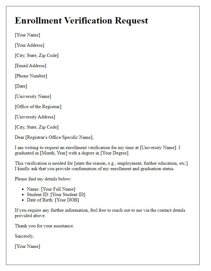 Letter template of enrollment verification request for alumni.