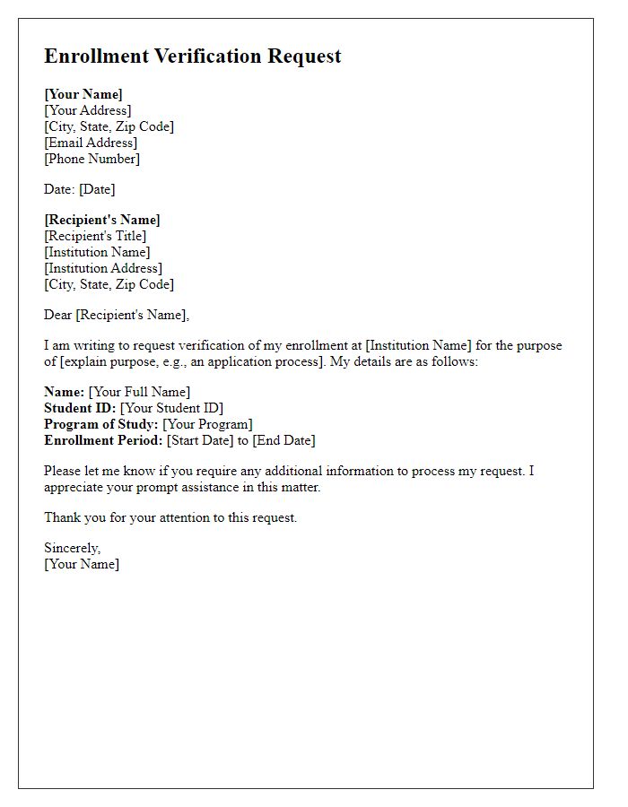 Letter template of enrollment verification request for application processes.