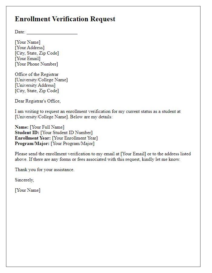 Letter template of enrollment verification request for current students.