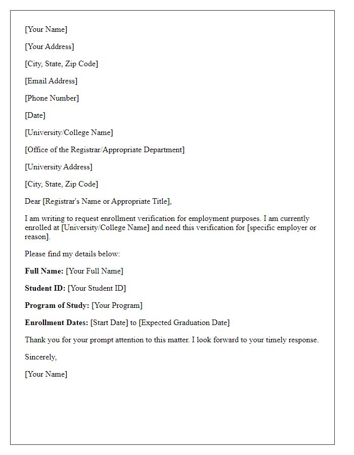 Letter template of enrollment verification request for employment purposes.