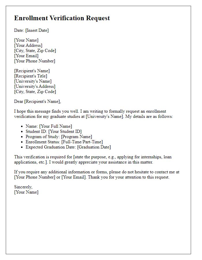 Letter template of enrollment verification request for graduate students.