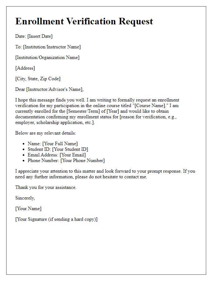 Letter template of enrollment verification request for online course participants.
