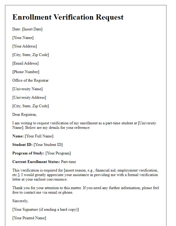 Letter template of enrollment verification request for part-time students.