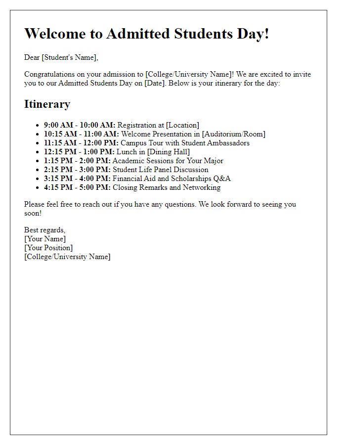 Letter template of college visit itinerary for admitted students day