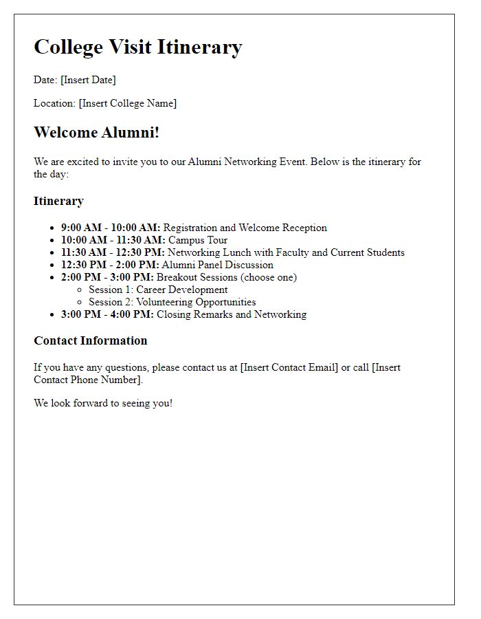 Letter template of college visit itinerary for alumni networking events