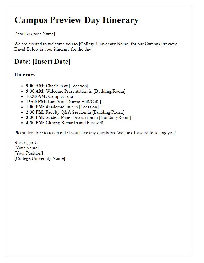 Letter template of college visit itinerary for campus preview days