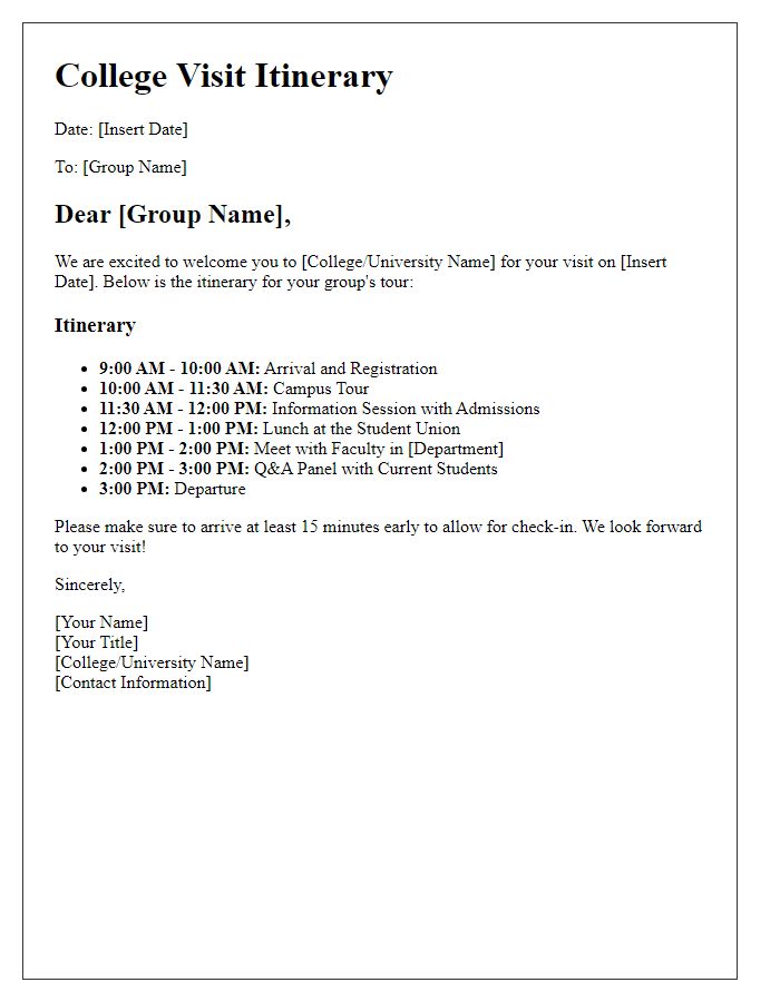 Letter template of college visit itinerary for group tours