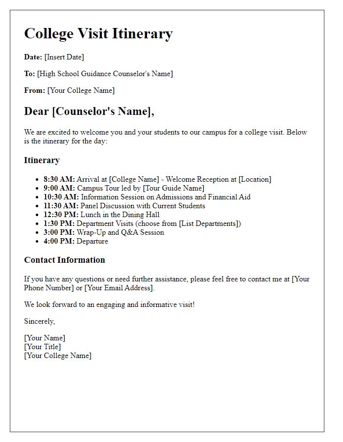 Letter template of college visit itinerary for high school guidance counselors