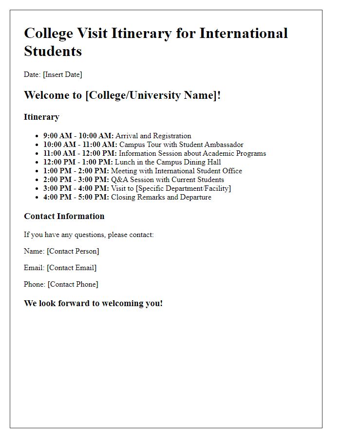 Letter template of college visit itinerary for international students