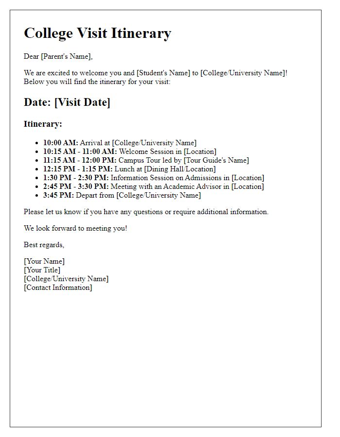 Letter template of college visit itinerary for parent accompanying student