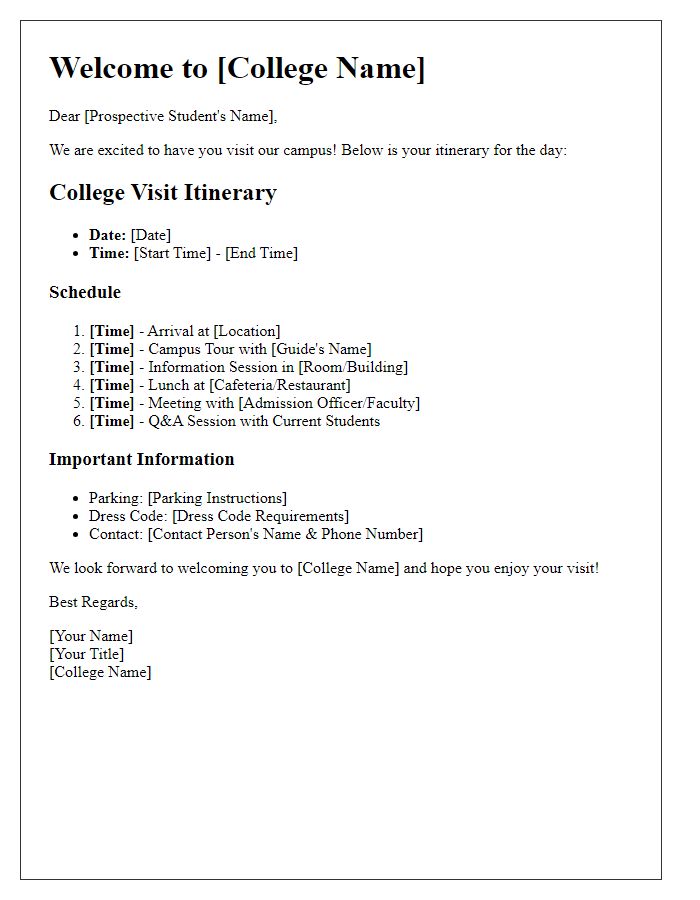 Letter template of college visit itinerary for prospective students