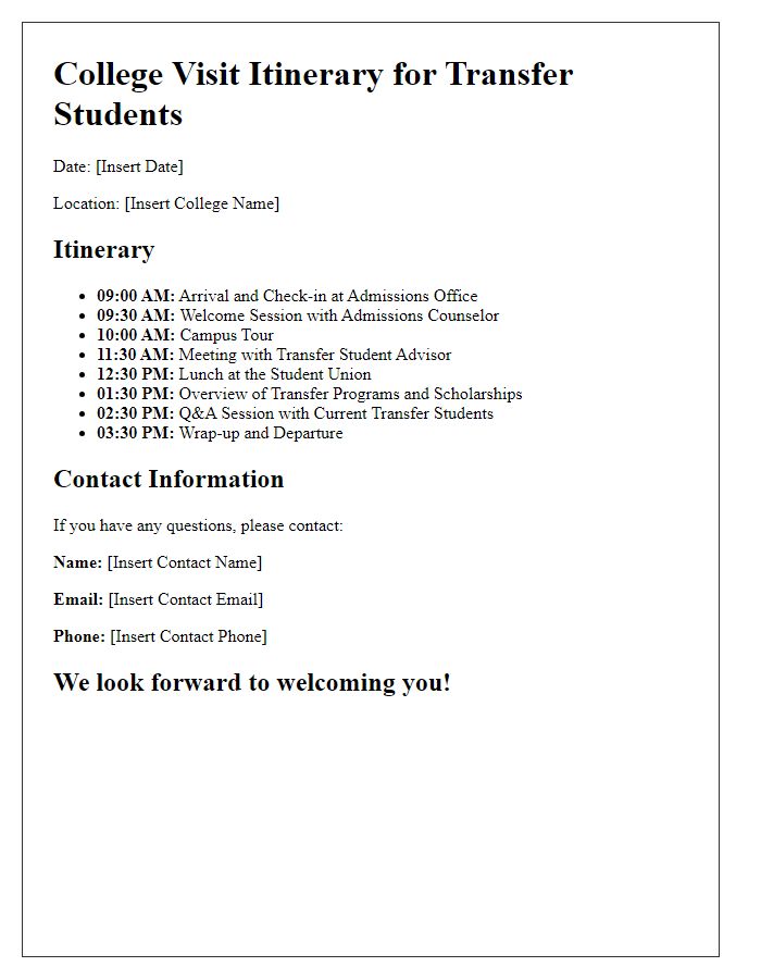 Letter template of college visit itinerary for transfer students