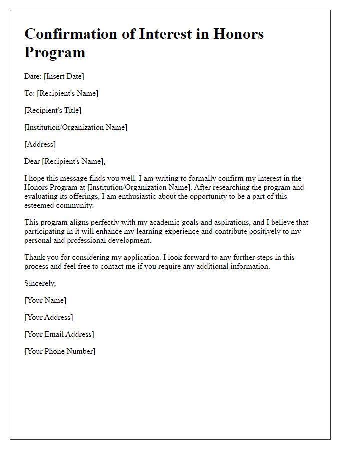 Letter template of confirmation of interest in honors program