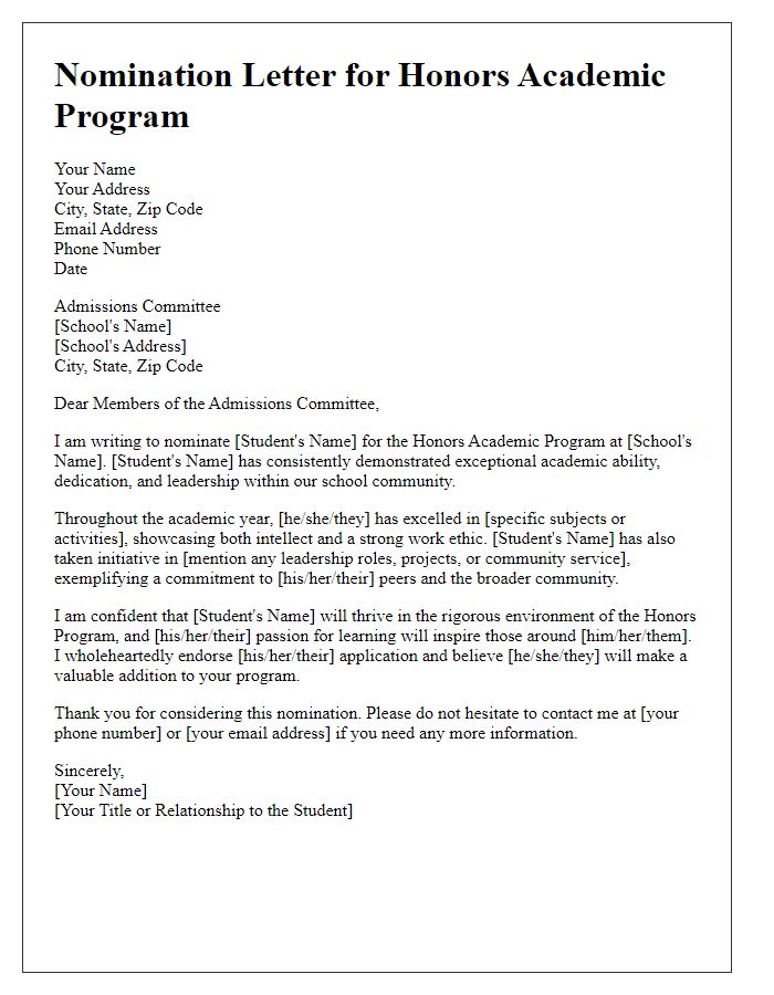 Letter template of nomination for honors academic program