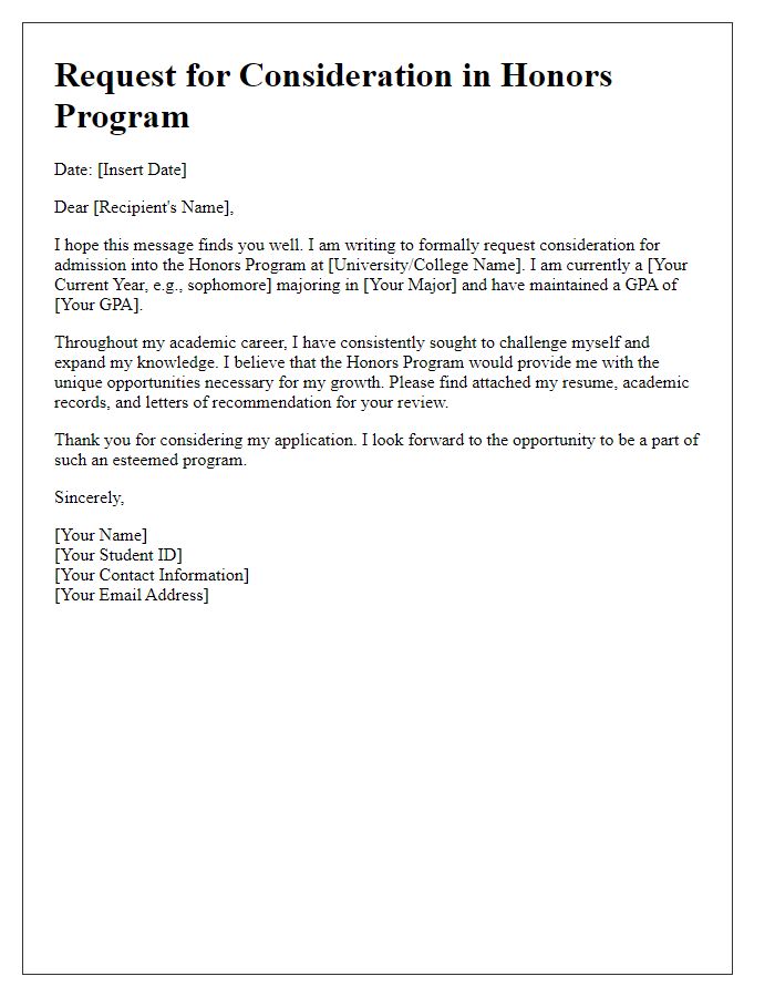 Letter template of request for consideration in honors program