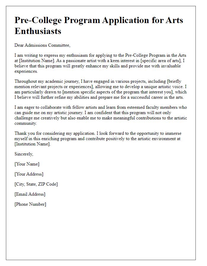 Letter template of pre-college program application for arts enthusiasts