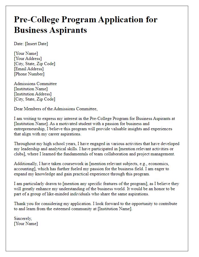 Letter template of pre-college program application for business aspirants